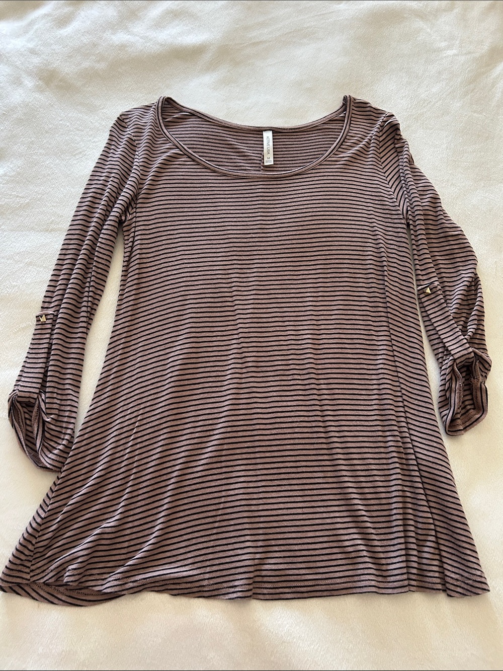 Active USA Brown and Black Striped Scoop Neck Roll-Tab Sleeve Top